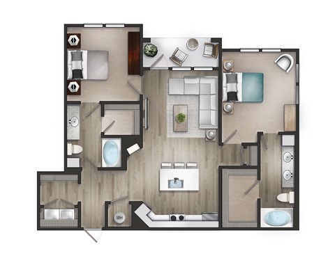 Floor plan for 2 beds, 2 baths, 1153 sqft
